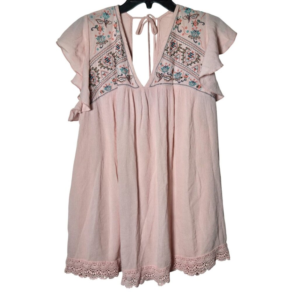 Kelly Renee Womens Pink Floral Embroidered Deep V-Neck Tunic Dress Plus 1X Boho - Picture 2 of 11